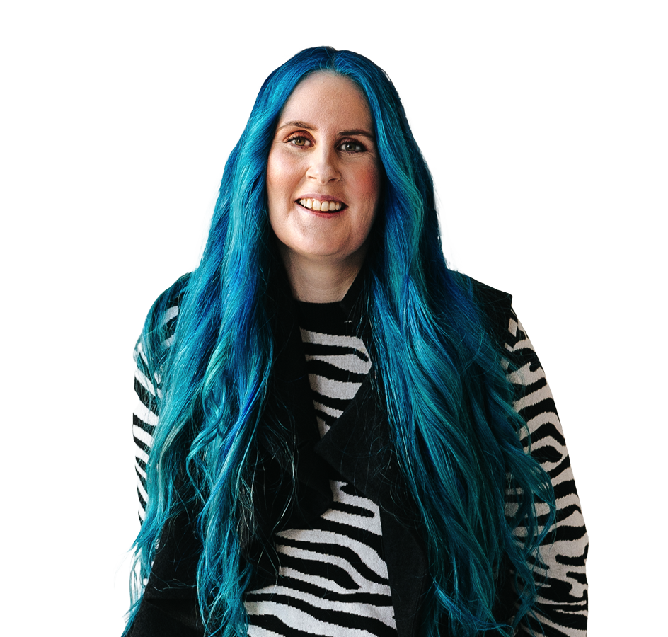 Me. Bridget. A 40-something-year old graphic designer with long blue hair and a zebra pattern sweater on. Elastic Design is my freelance business.