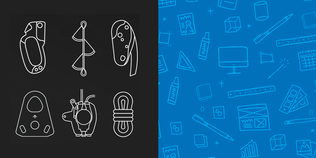 Image with illustrated icons of office stationery, and image of rigging tools icons.