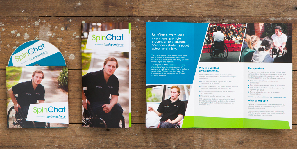 Photo of a tri fold brochure spread, a front cover and a matching supporting CD/CD cover. 