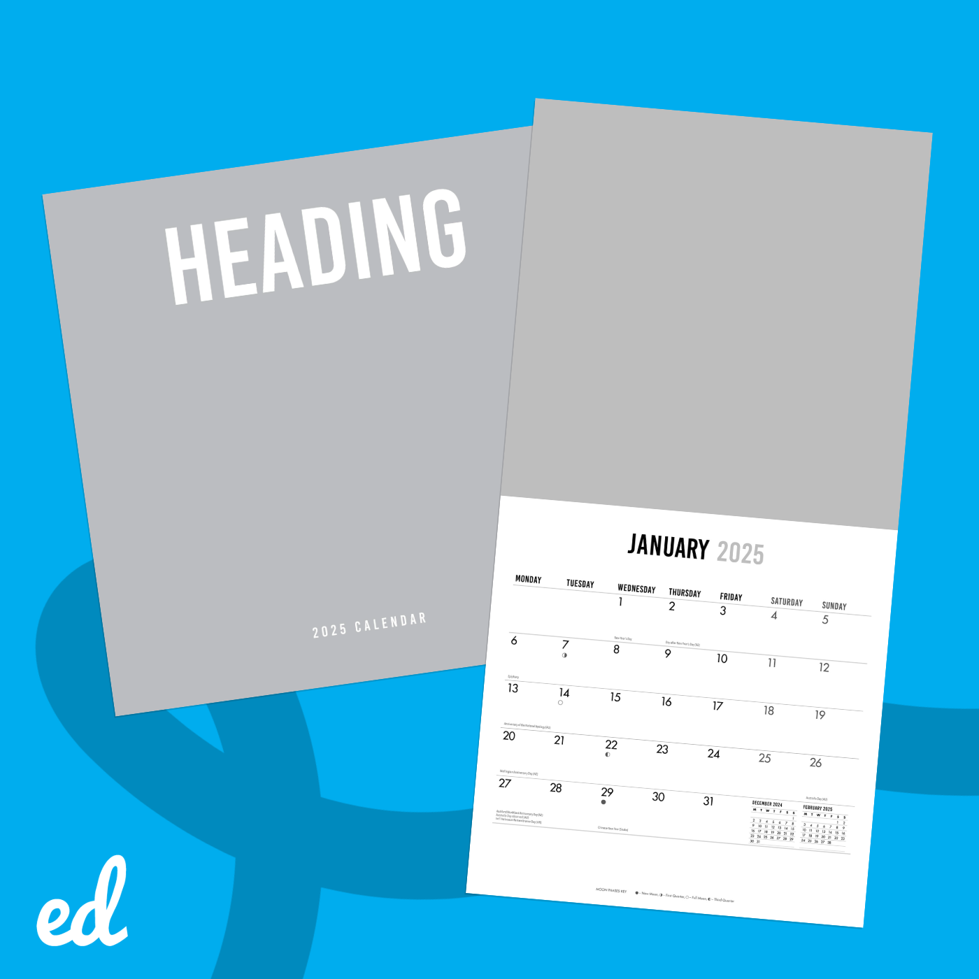 Cover and internal spread of a calendar on a blue background. 