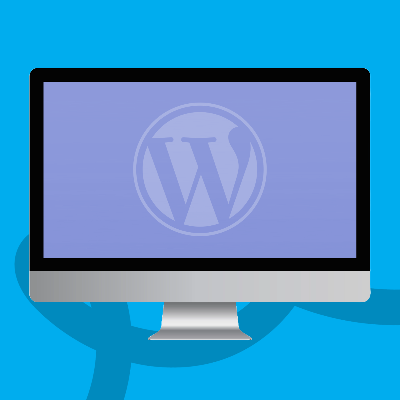 Desk with an iMac on, within the screen is a blue gradient and the WordPress logo.